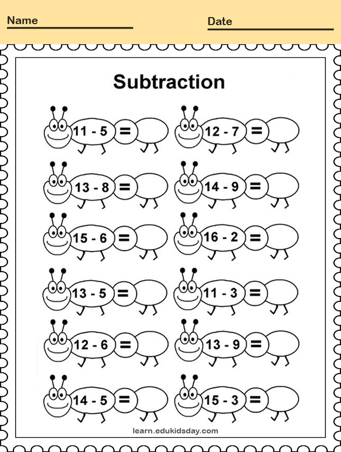 Printable Subtraction One digits Addition